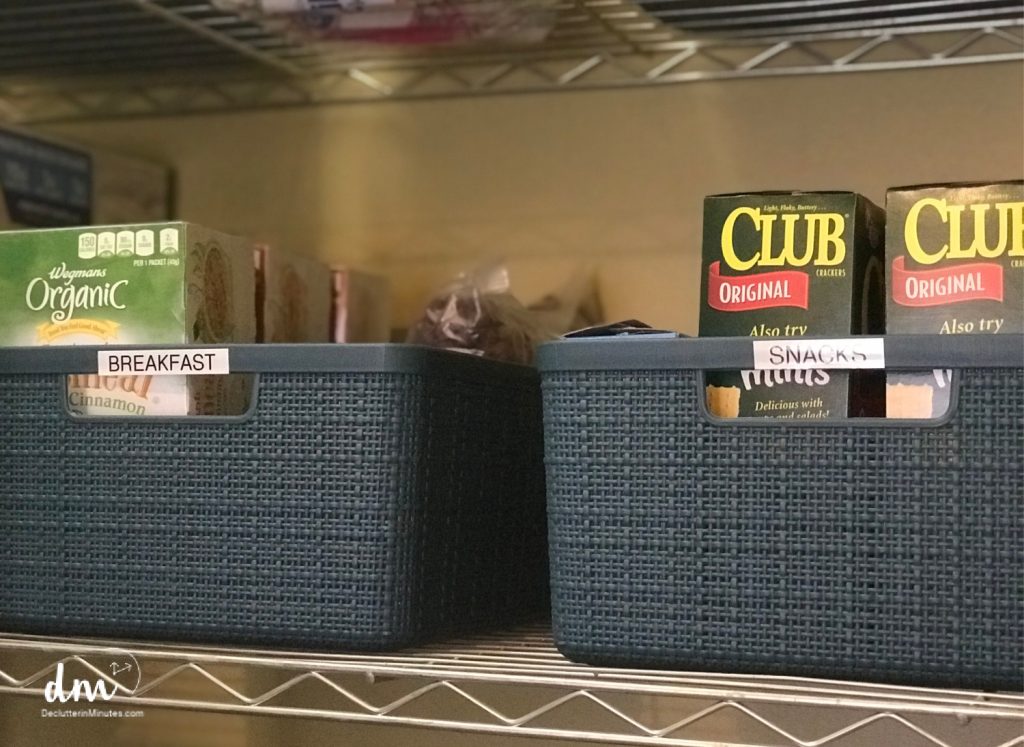 2 jute baskets in a pantry full of boxed food