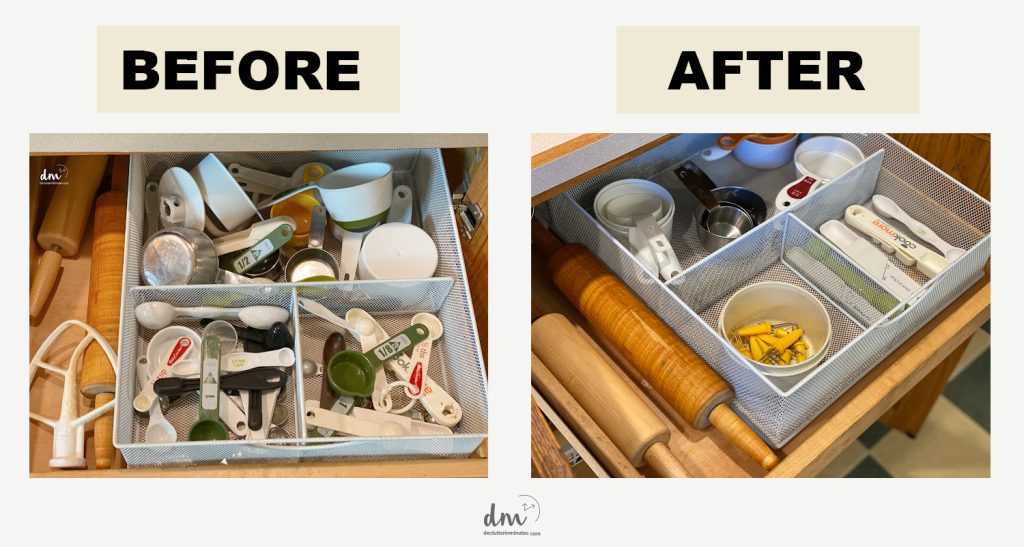 A "Before and After" of a kitchen drawer showing a messy organizer filled with measuring tools cleaned up into a neat and organized layout
