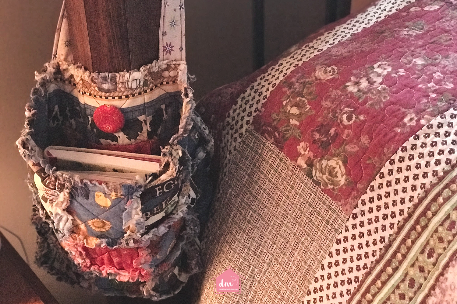 A reading bag next to a bed. A tip on how to read more. 