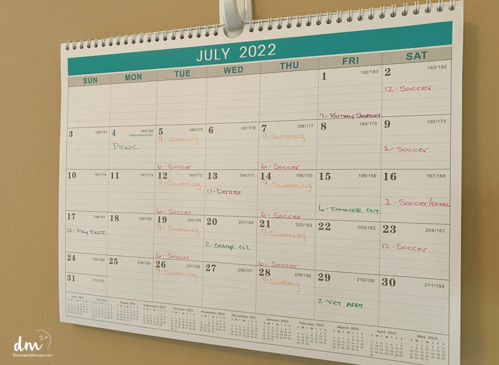 a calendar on a wall from July 2022