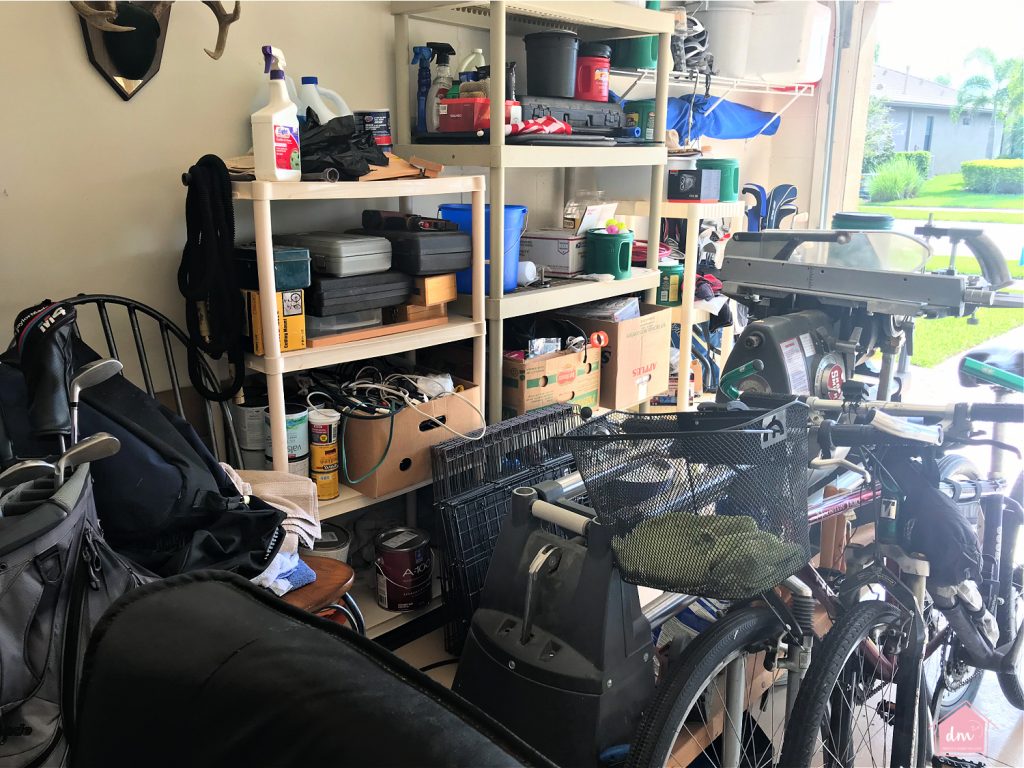 a photo of a messy garage with clutter and junk