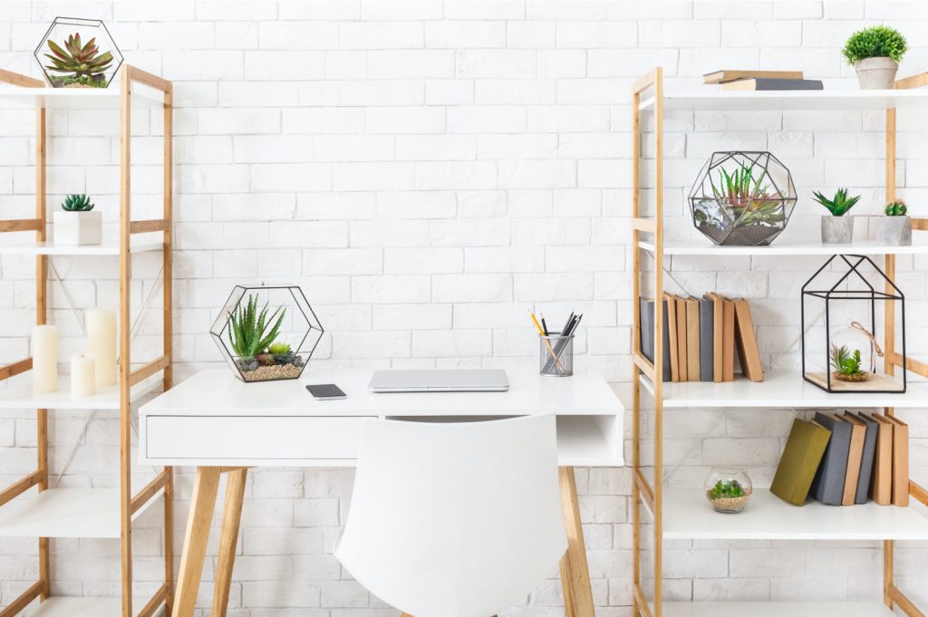 a garage office desk chair and shelving