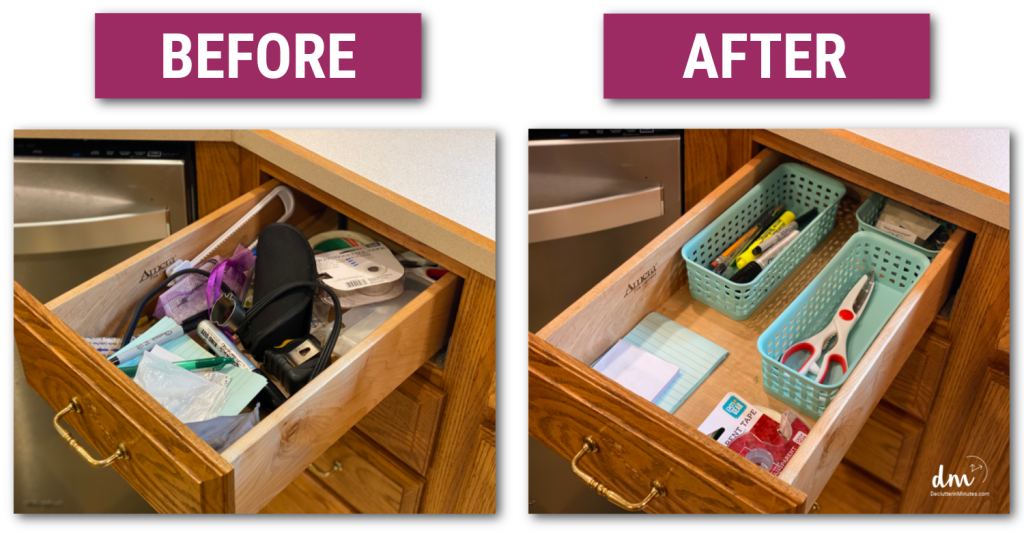 before and after of a kitchen junk drawer