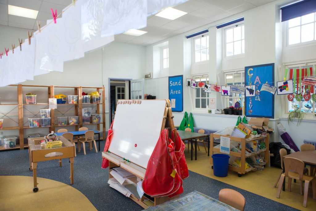 a preschool classroom set up with an easel in front. 