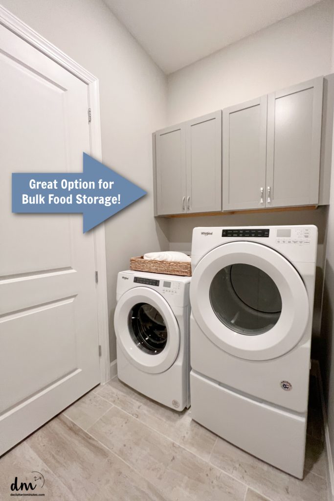 cabinets in a laundry room with an arrow saying, great for food storage.