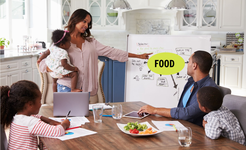 family meeting at a kitchen table talking about a pantry and food