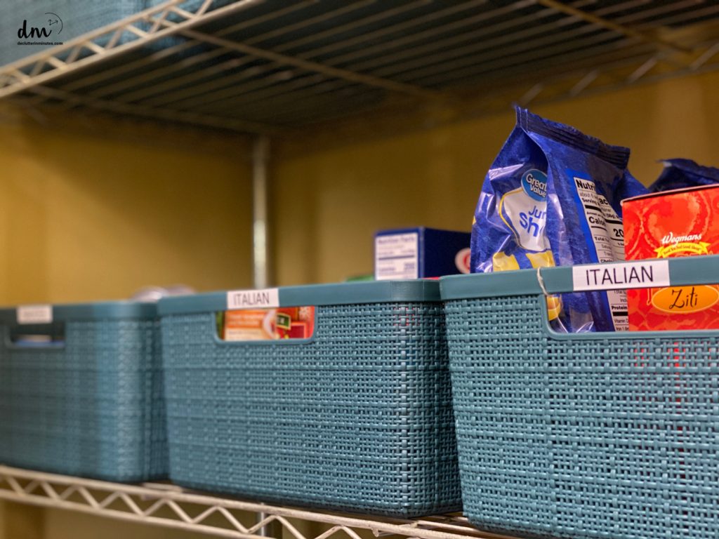 labeled bins in a food pantry