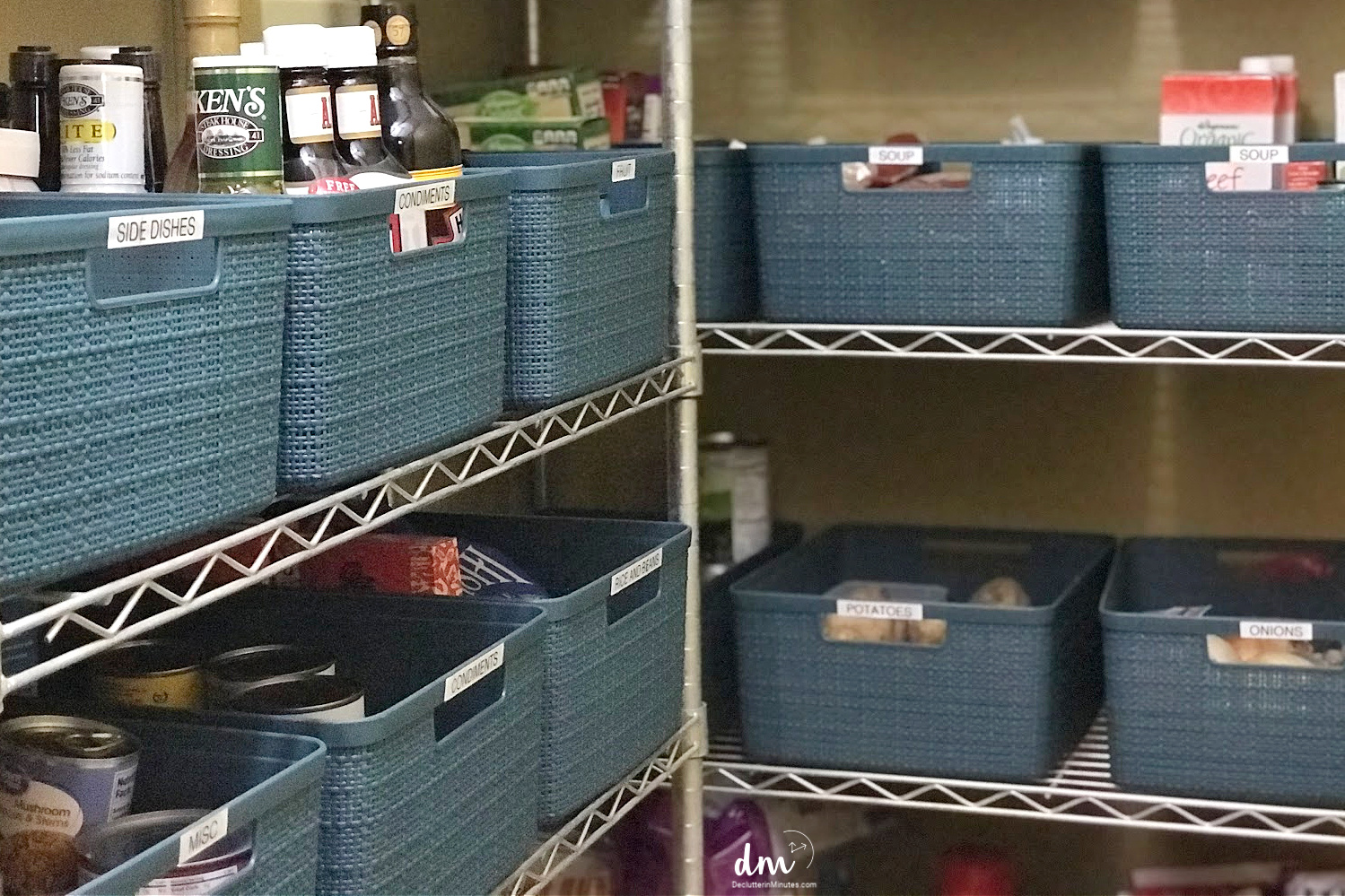 blue plastic baskets in a wire shelved pantry