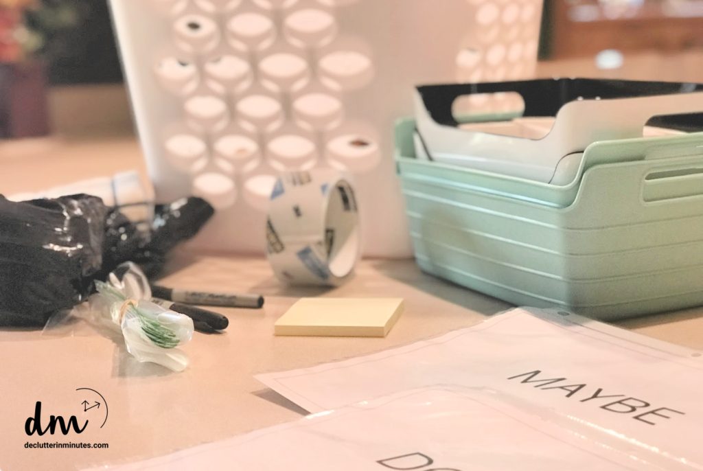 a decluttering kit sitting on a counter in a kitchen
