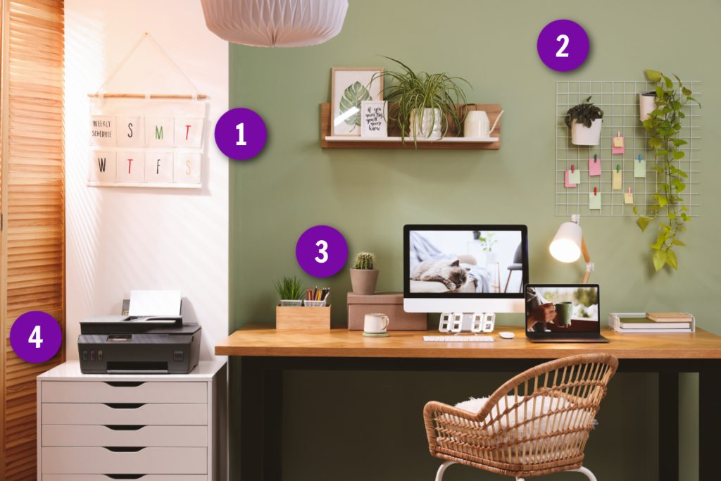 a small home office with a desk and cabinet