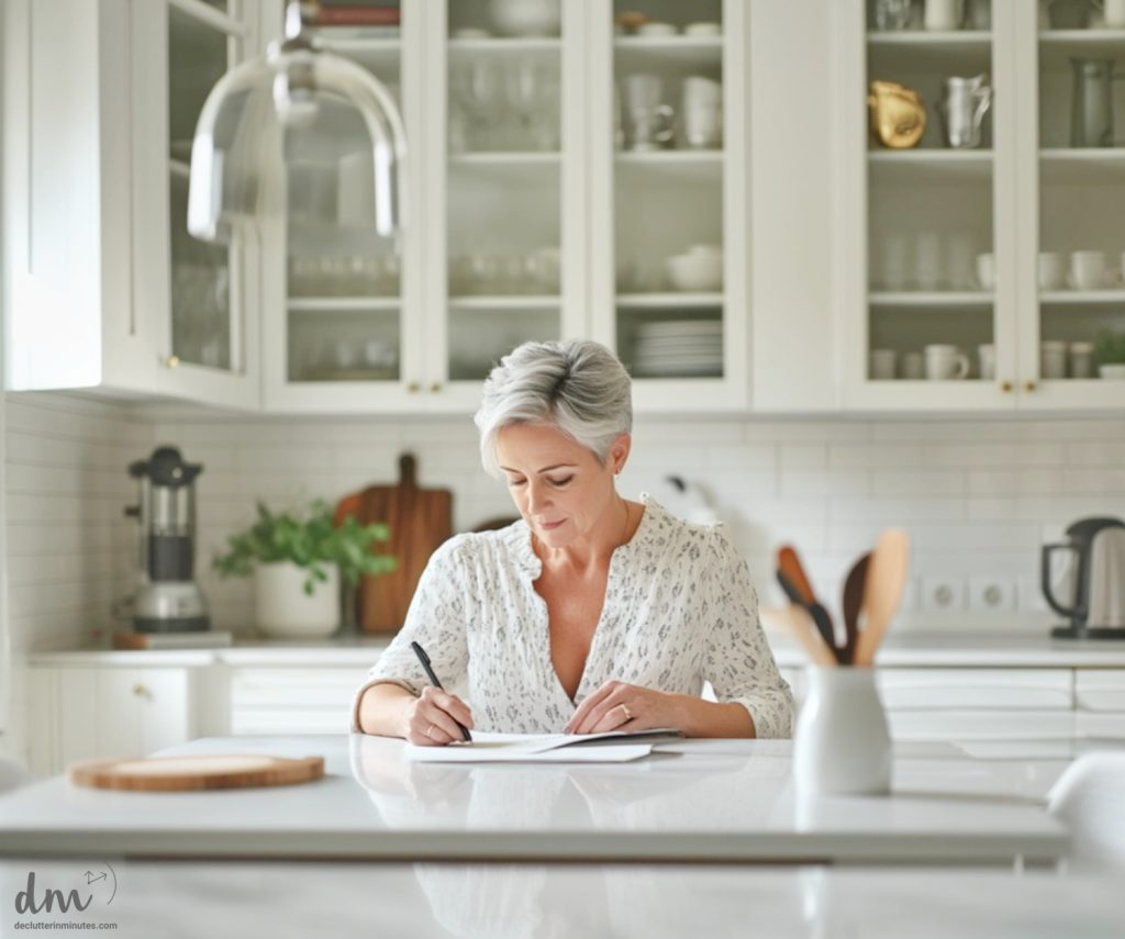 a woman sitting at a table making a list of kitchen zones on a piece of paper
