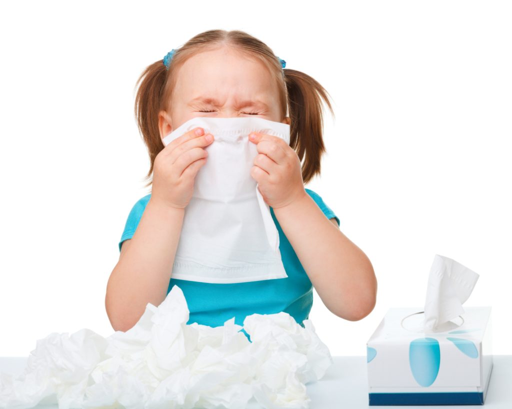 Little girl blows her nose, isolated over white