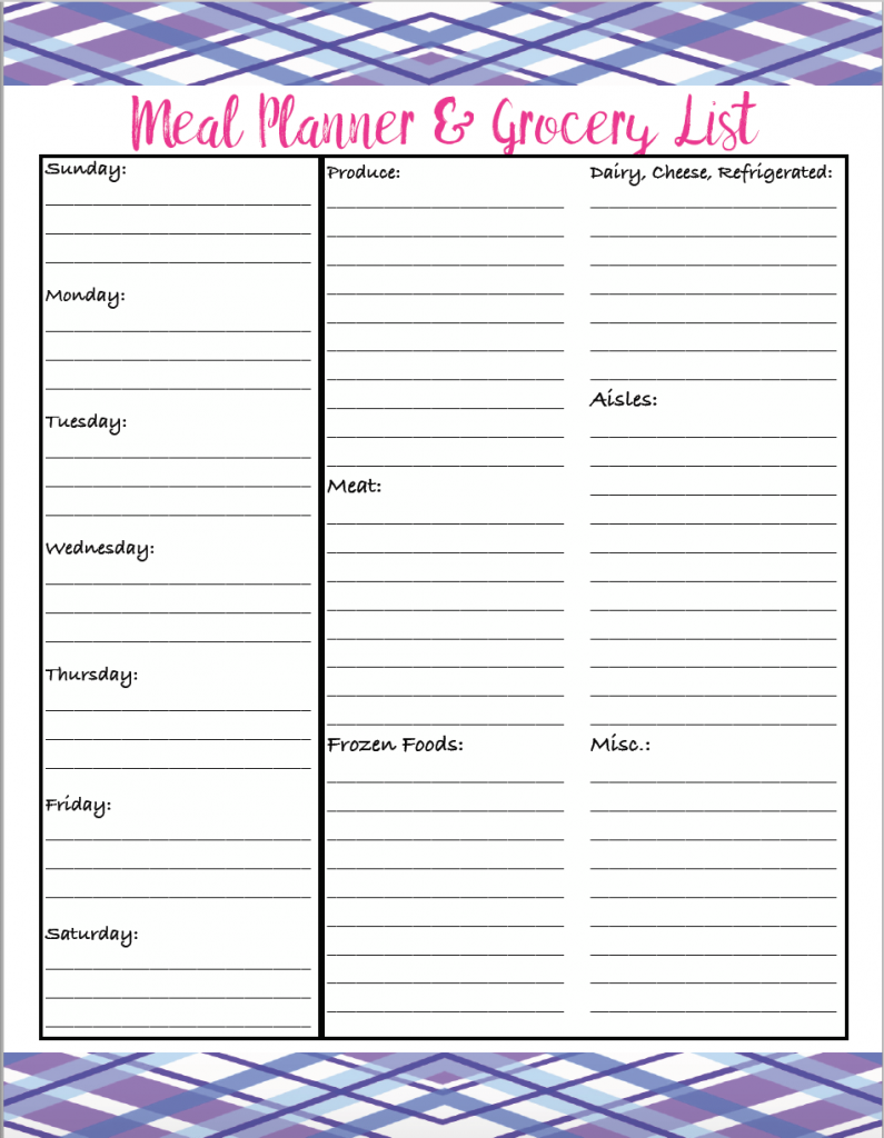 a weekly meal plan with grocery list printable.