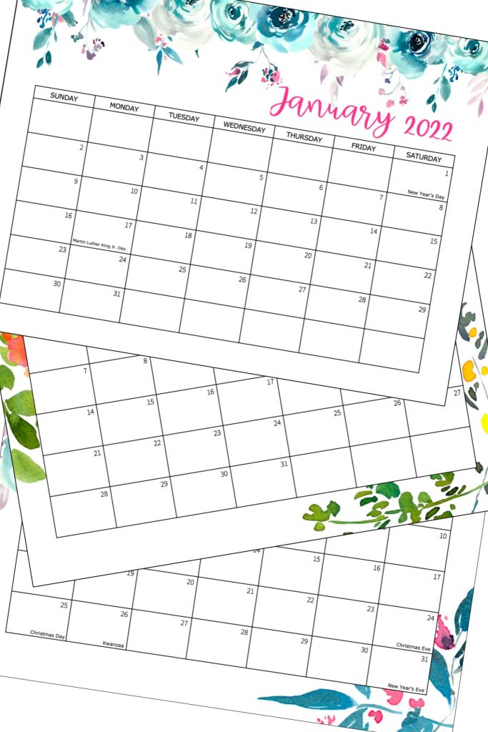 A printable January 2022 calendar with a floral design at the top, and a clean layout