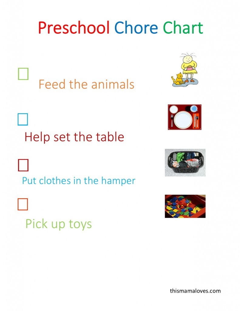 A colorful preschool chore chart with checkboxes and illustrations, listing simple tasks like feeding the animals, setting the table, putting clothes in the hamper, and picking up toys