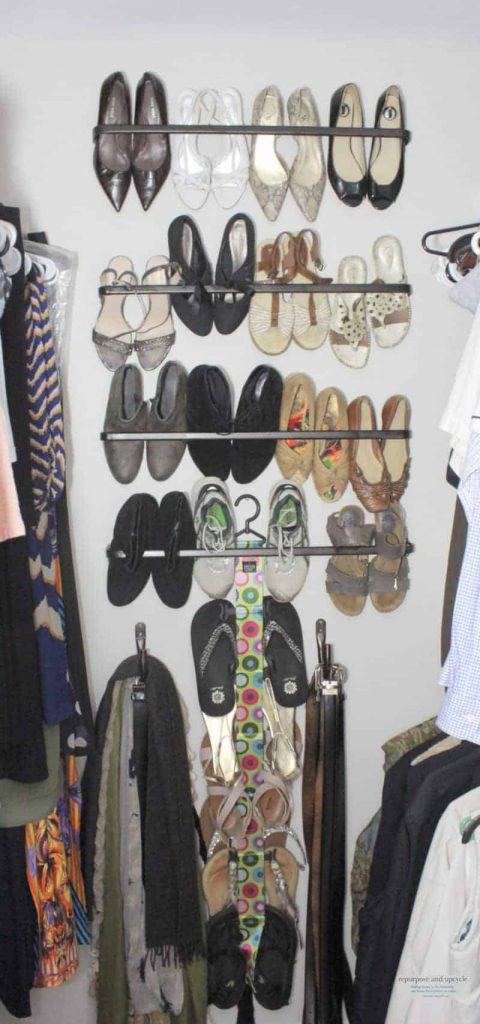 Image that shows a shoe rack made with curtain rods.
