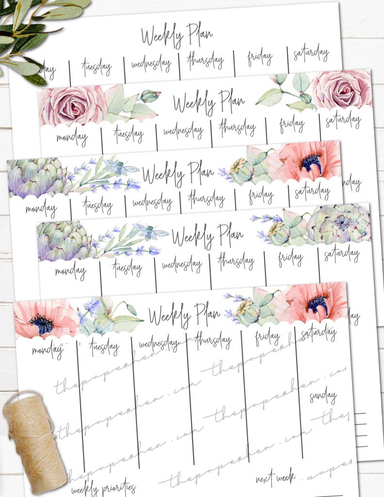 A weekly planner template featuring elegant handwritten-style text for each day of the week