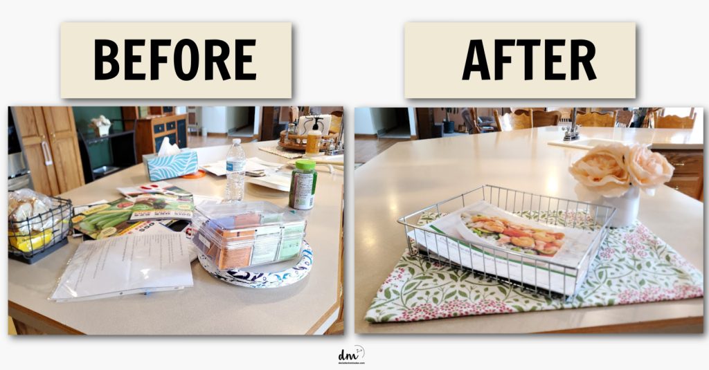 a before and after of a messy counter that is made clutter free with a basket 