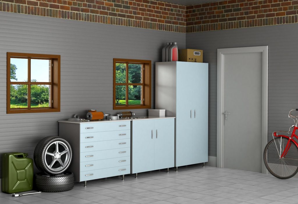 The interior suburban garage with car parts.