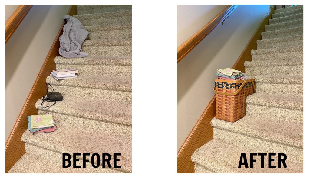 basket organizers for cluttered stairs before and after