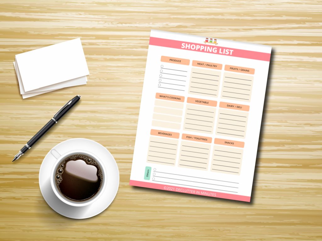 top view of a shopping list, a coffee over wooden table