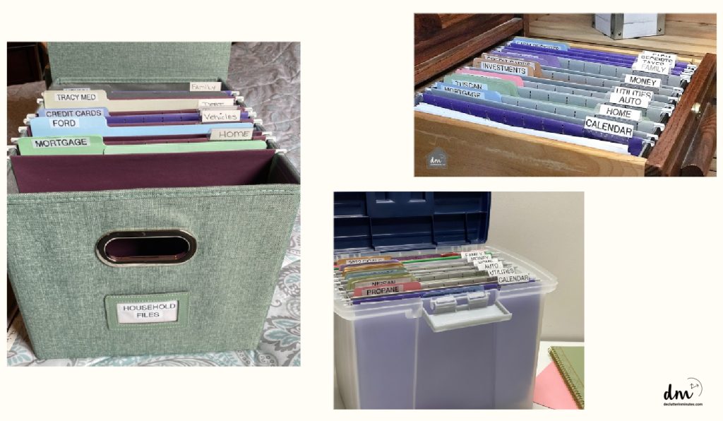 three photos of paper file setups one in a green file bin, one in a drawer, and one in a plastic tote