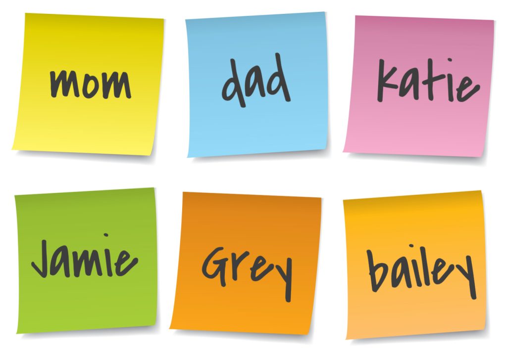 Colorful sticky notes labeled with names like mom, dad, Katie, Jamie, Grey, and Bailey, arranged in a grid