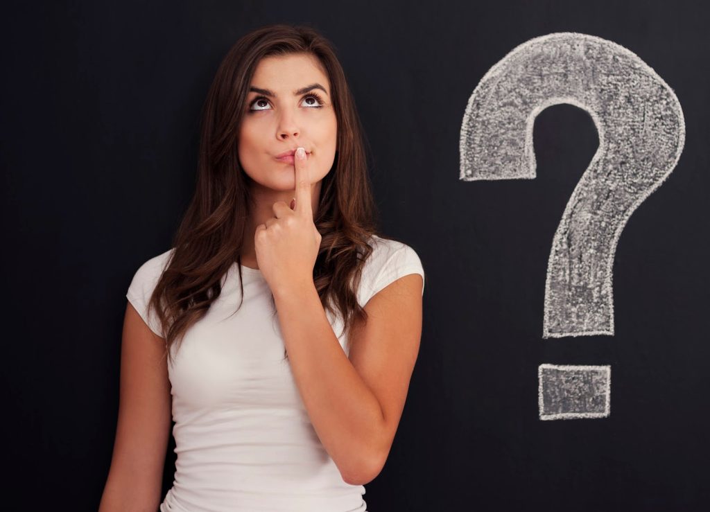Woman with question mark on blackboard