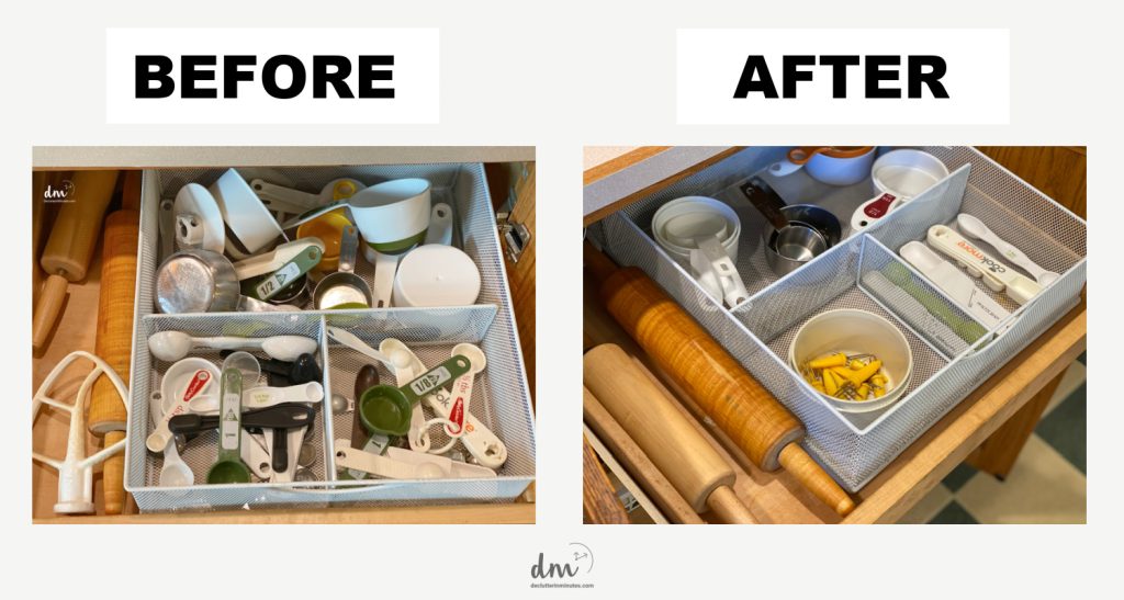 Before and after of a messy drawer of measuring cups