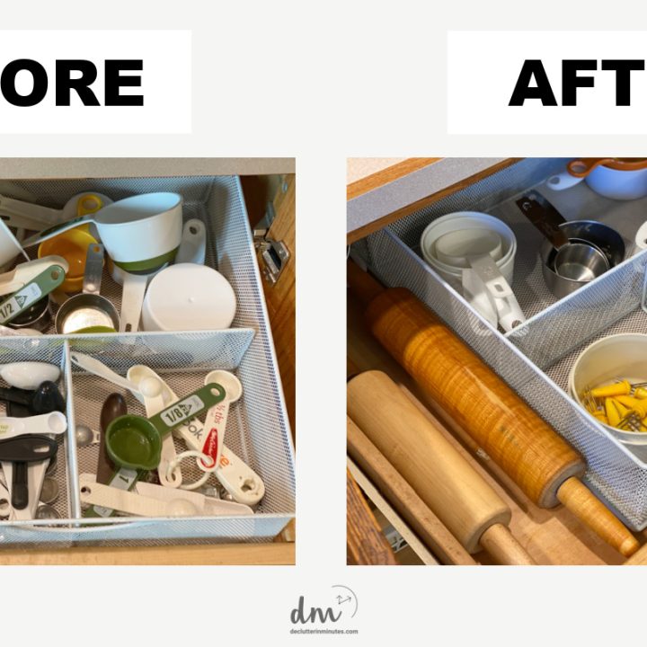 Before and after of a messy drawer of measuring cups