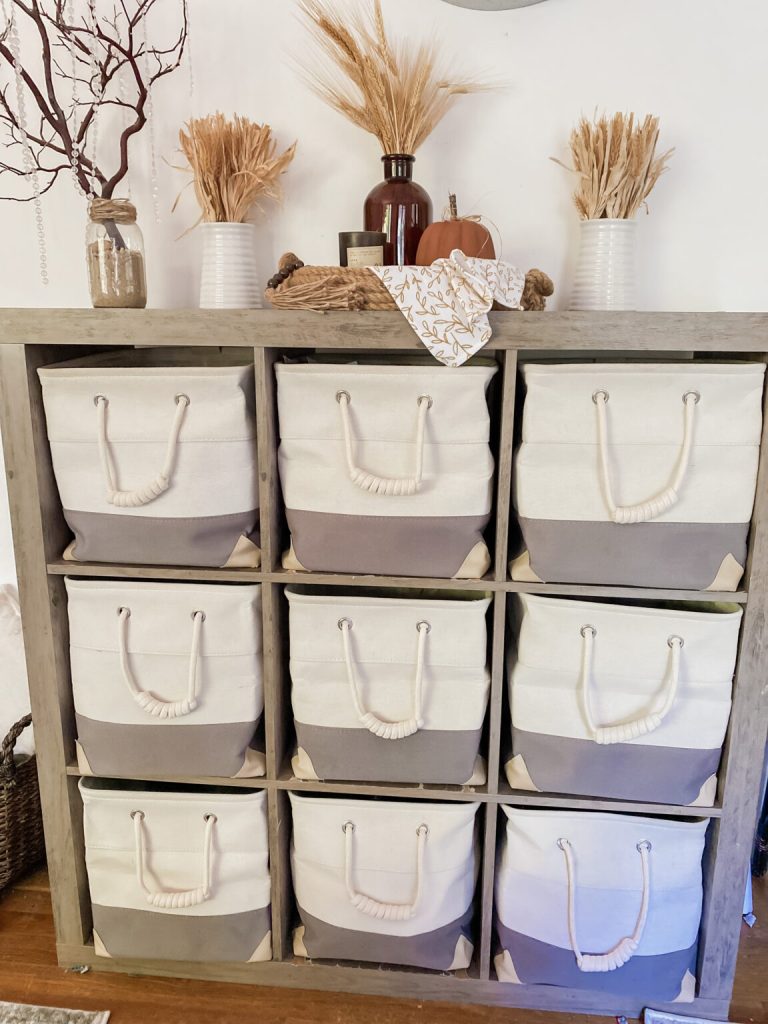 Image that shows sturdy cloth baskets in a Ikea cube shelf
