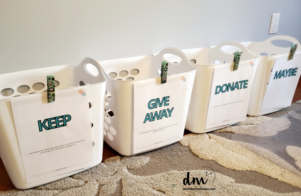 Image that show baskets labeled as keep, give away, donate, and maybe.