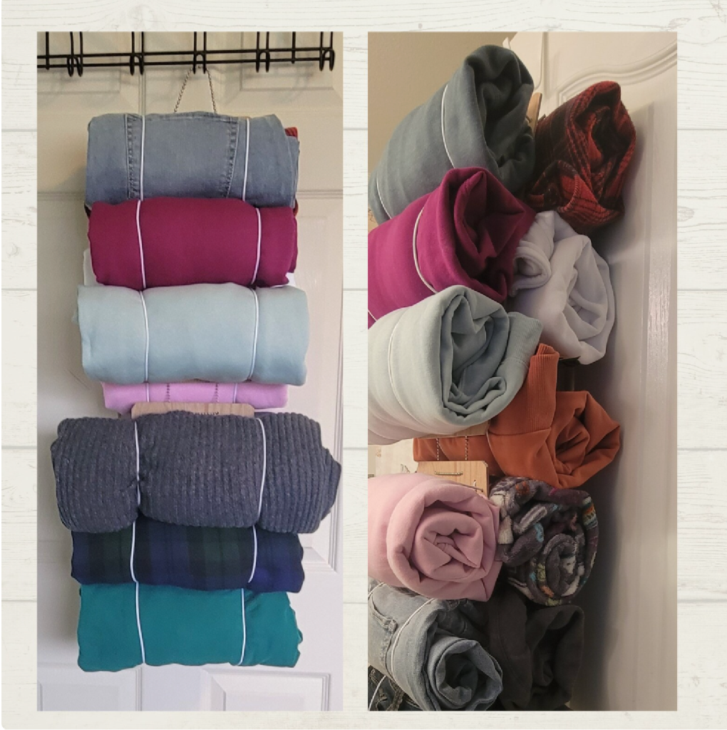 Image that shows an over the door hanger with clothes tied in rolls.