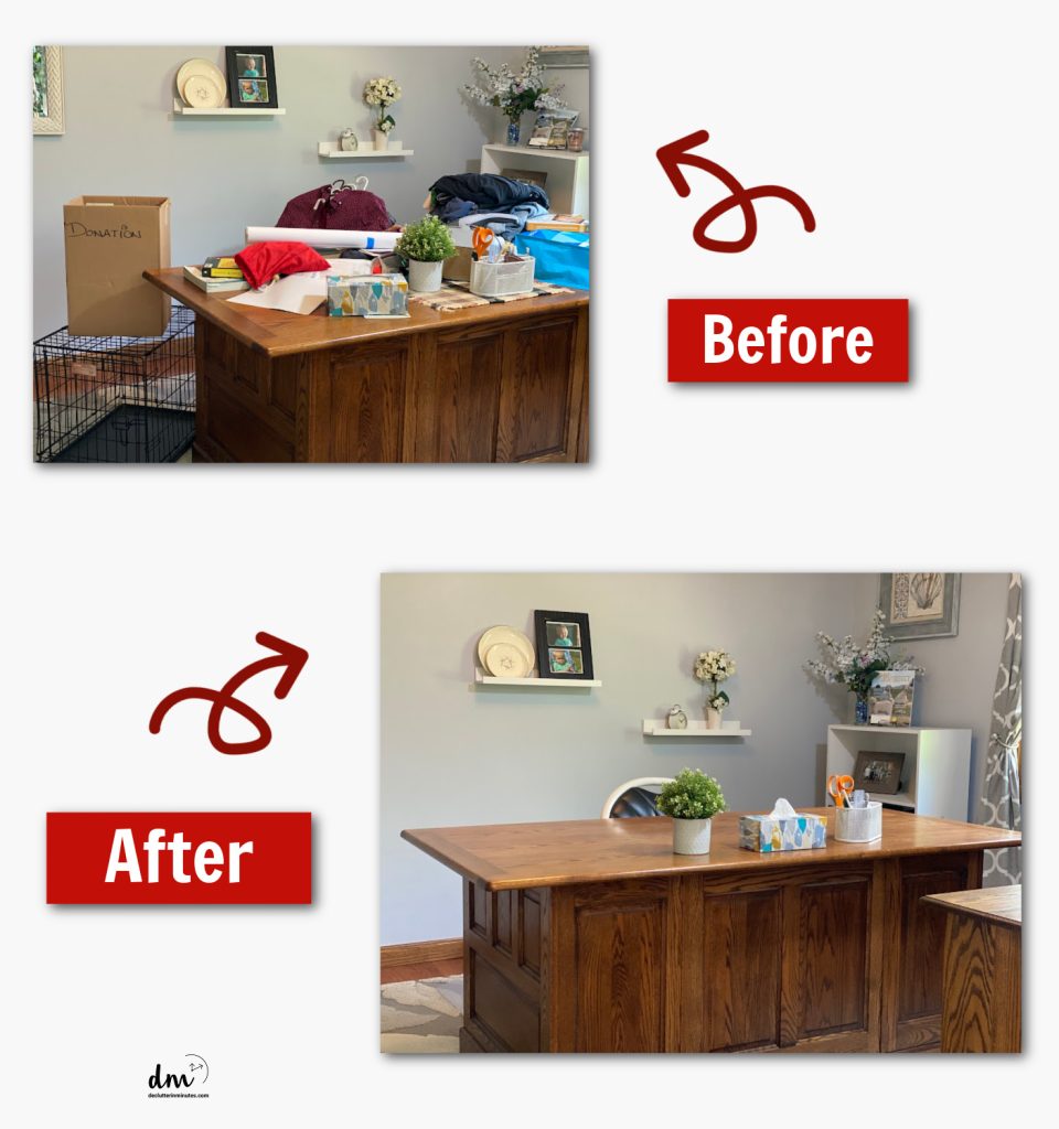 before and after of a messy to organized home office desk