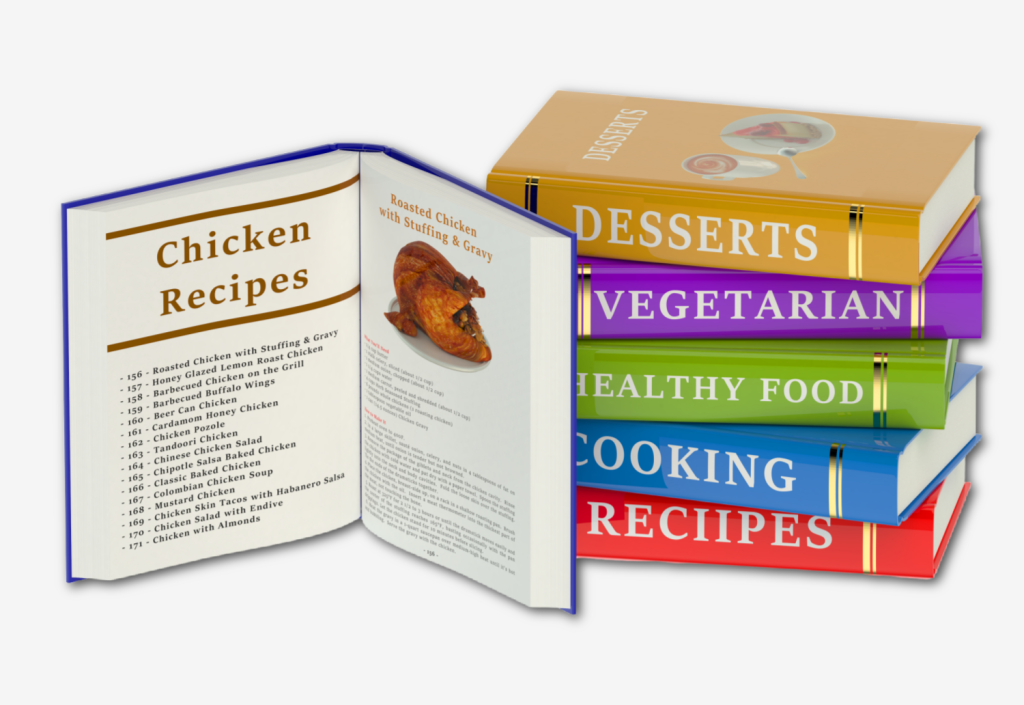 a stack of cookbooks with one open to chicken recipes