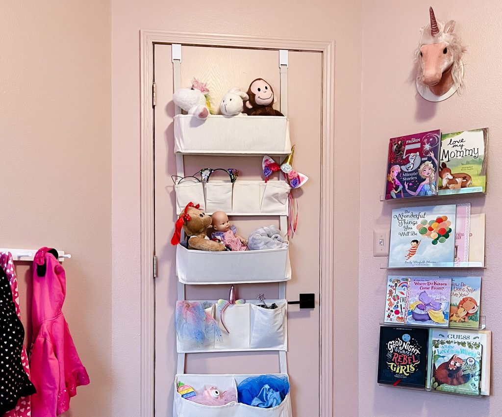 Image that shows an over the door hanger with toys in each pocket. 