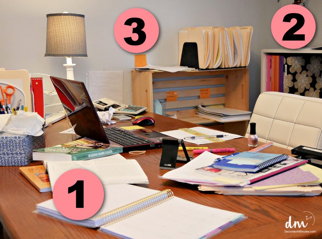 a messy desk covered in papers books and clutter with 3 pink numbers 1, 2, 3