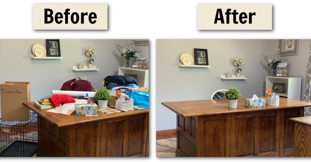 before and after of a messy to organized home office desk