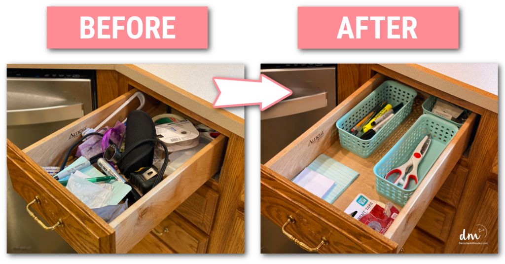 A before and after of a kitchen junk drawer