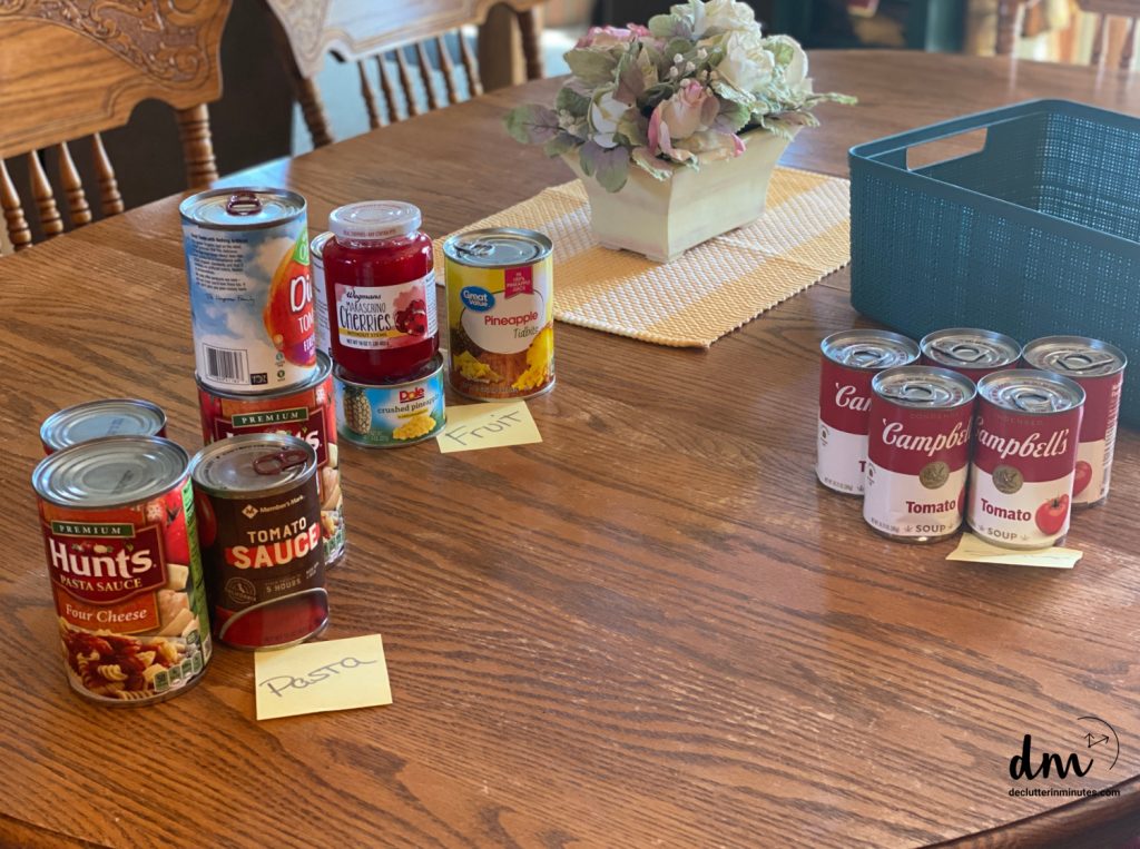 cans of food organized into categories on a kitchen table