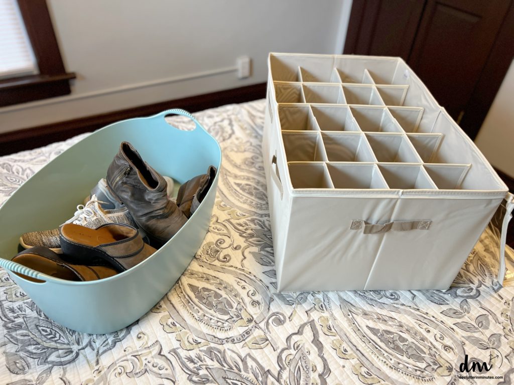 a bucket of shoes next to a ready to use shoe organizer bag