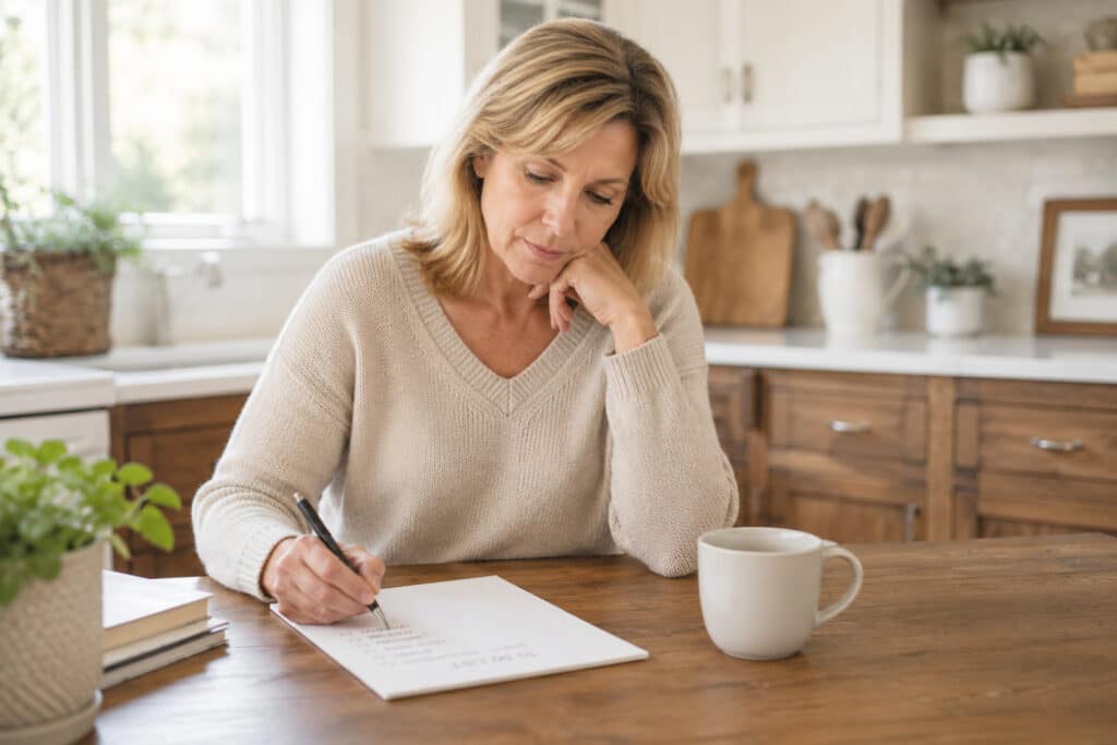 a midlife woman making a to-do list in a bright kitchen