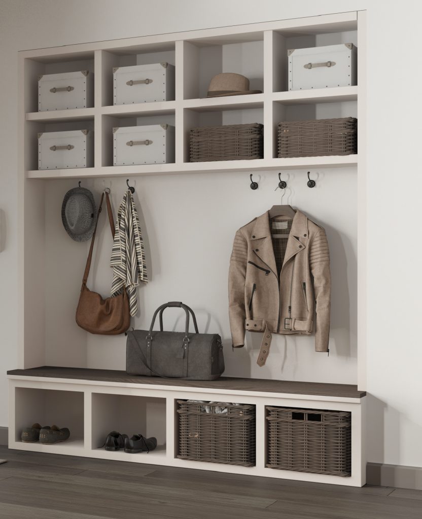 a cubby organizer in a mudroom