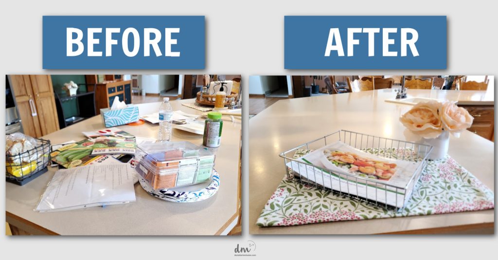 a before and after of a messy counter simplified with a basket to hold clutter