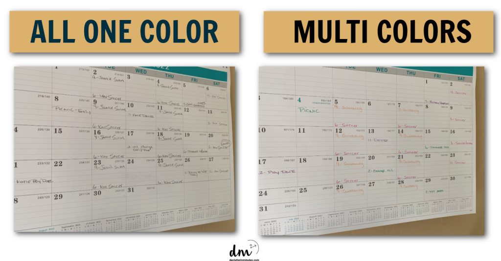 a before an after image of a calendar. One written in black ink and one using colors for each family member
