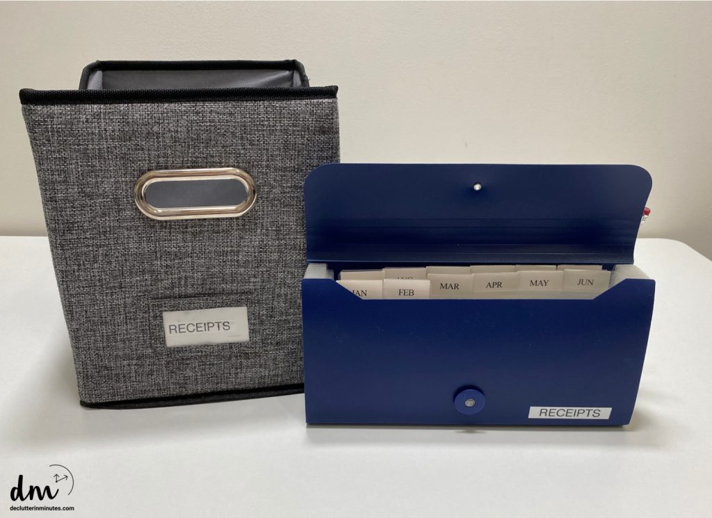 a bin and a blue organizer labeled receipts