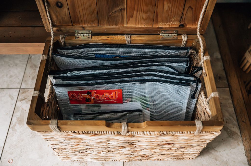 board games in zippered pouches