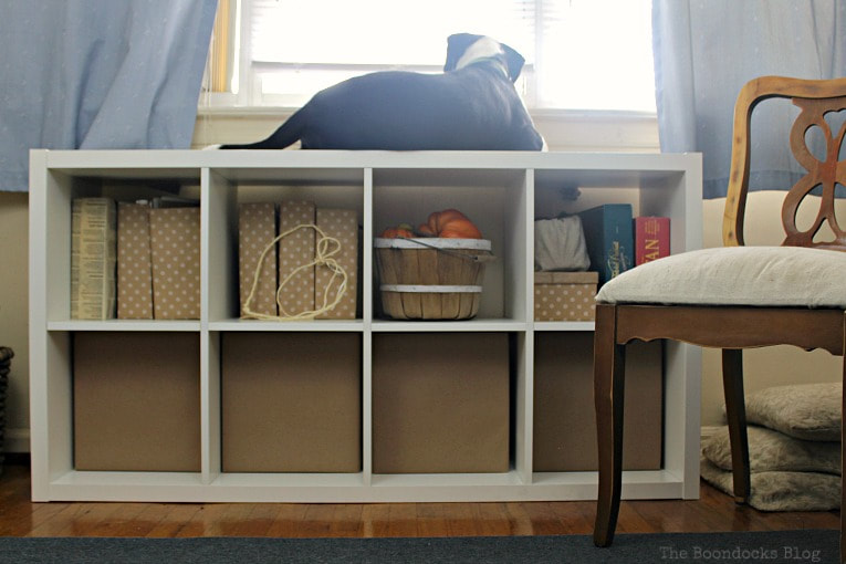 DIY cardboard organizer in a Kallax storage unit