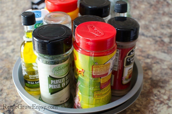 DIY lazy susan using cake pans with condiments