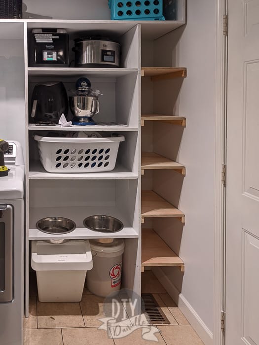 laundry room with DIY open shelves